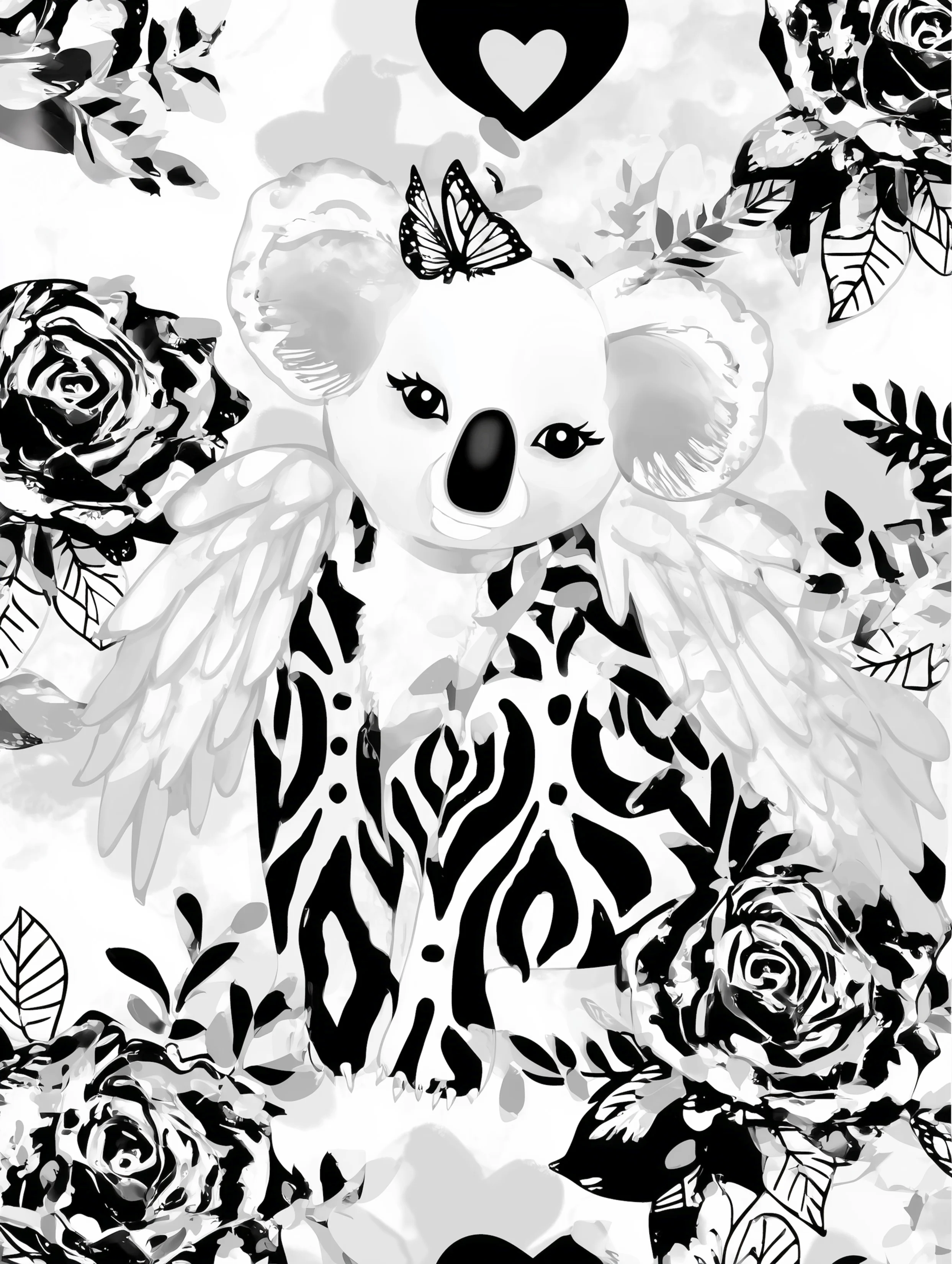 Free printable koala coloring page for adults featuring a koala with wings